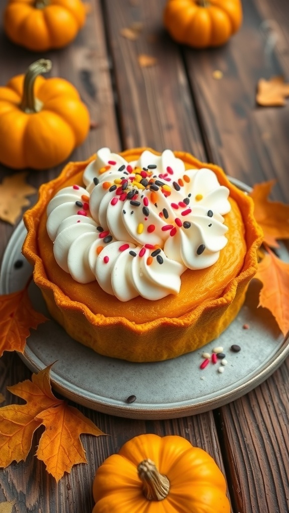 Pumpkin dessert with whipped cream polka dots and colorful sprinkles on a rustic table.